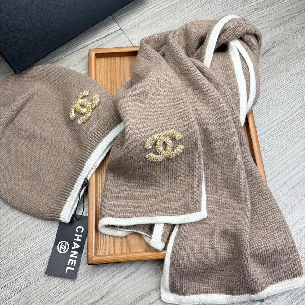 Chanel Taupe Knit Scarf and Beanie Set with White Trim
